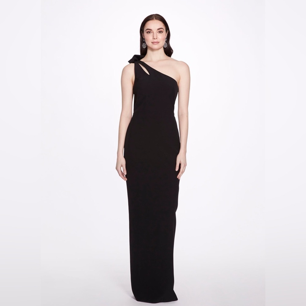 Marchesa Notte One-Shoulder Bow-Back Crepe Black Gown Size 8
